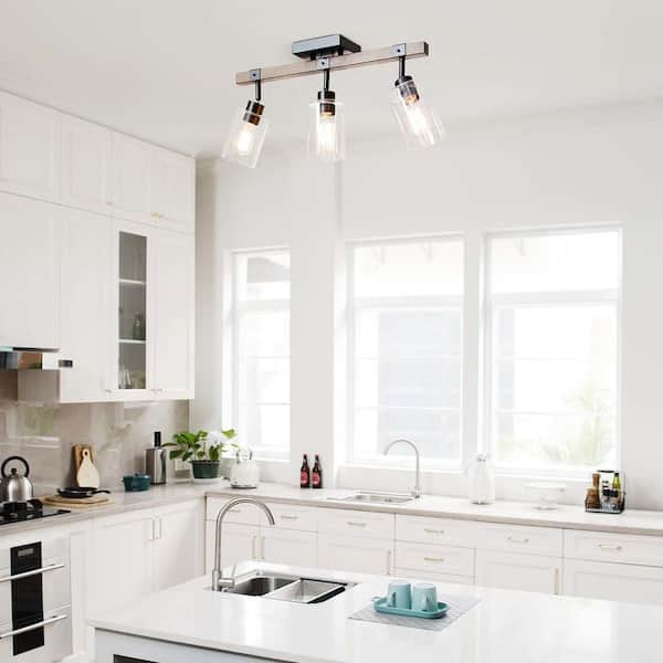 Austin 2 ft. 3-Light Faux Wood Fixed Track Lighting Kit with Matte Black Accents and Clear Glass Shades