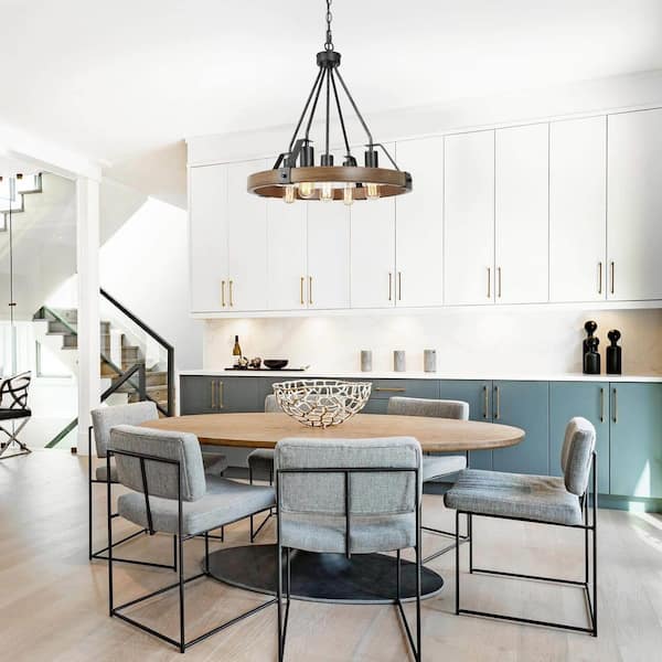 Brown Round Chandelier, Rustic 5-Light Wagon Wheel Black Chandelier Farmhouse Island Pendant Light with Wood Accents