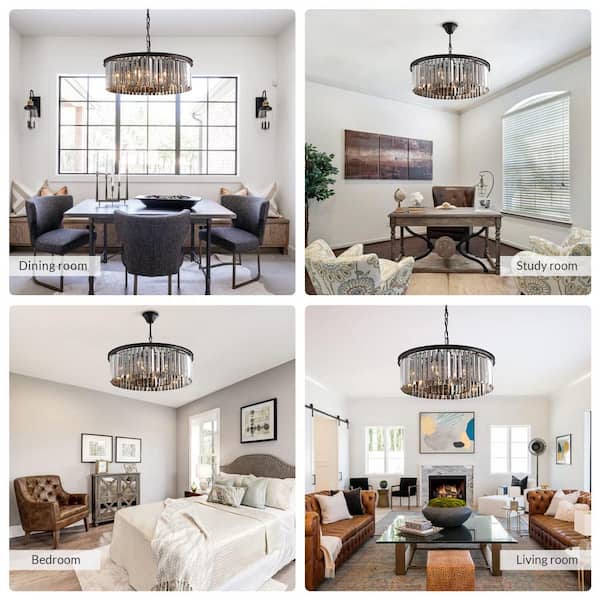 22 in. 6-Light Black Farmhouse Pendant Light Fixtures Crystal Drum Chandelier Dining Room Pendant Lighting
