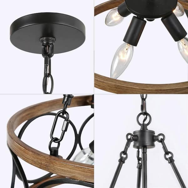 Brown Drum Chandelier, 4-Light Black Cage Farmhouse Chandelier Dining Room Pendant Light with Wood Accents