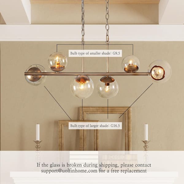Modern Gold Dining Room Chandelier, 32 in. 6-Light Sputnik Island Linear Chandelier with Globe Glass Shades