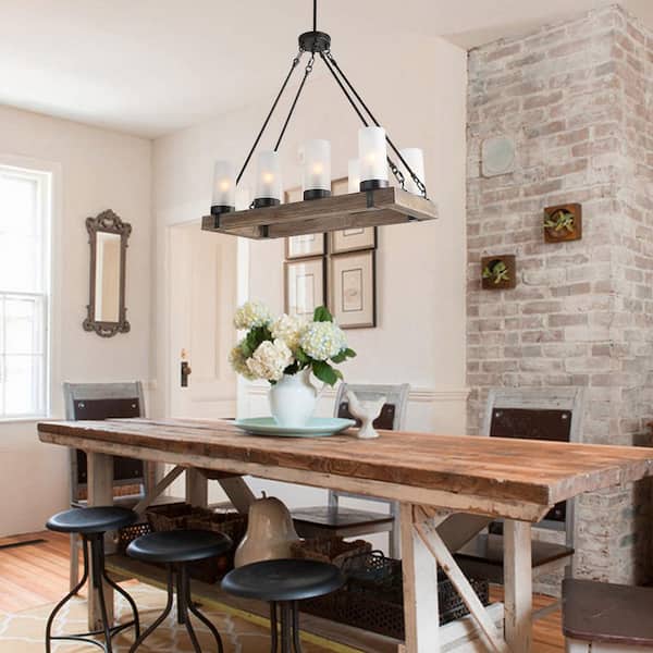 Brown Rectangular Chandelier, Farmhouse Wood 8-Light Black Dining Room Chandelier with Cylindrical Frosted Glass Shades