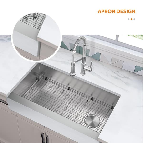 Professional 36 in All-in-One Farmhouse/Apron-Front 16G Stainless Steel Single Bowl Kitchen Sink with Spring Neck Faucet