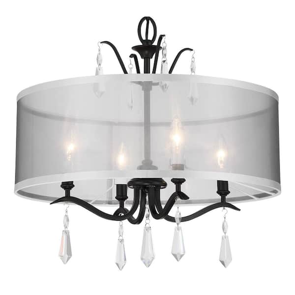 Laurel Estate 20 in. 4-Light Black Semi-Flush Mount to Pendant with Silver Translucent Fabric Shade