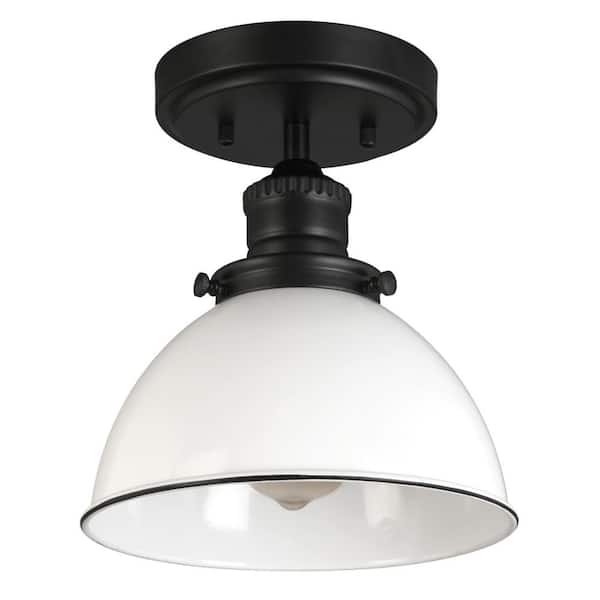 Savannah Farmhouse 8 in. 1-Light Matte Black with White Shade Semi-Flush Mount Light