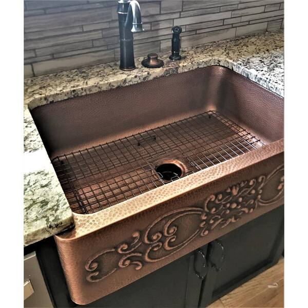 Ganku 33 in. Undermount Farmhouse Single Bowl 16 Gauge Antique Copper Kitchen Sink with Scroll