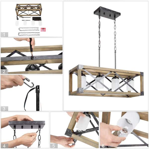 Farmhouse Dining Room Chandelier, 4-Light Brown Wood/Black Metal Kitchen Island Pendant with White Frosted Glass Shades