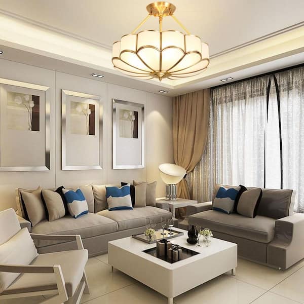 23 in. Tiffany Semi-Flush Mount Ceiling Light with Amber Glass Shade Gold