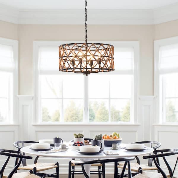 Trellis 20 in. 4-Light Black Drum Chandelier with Natural Rattan Shade