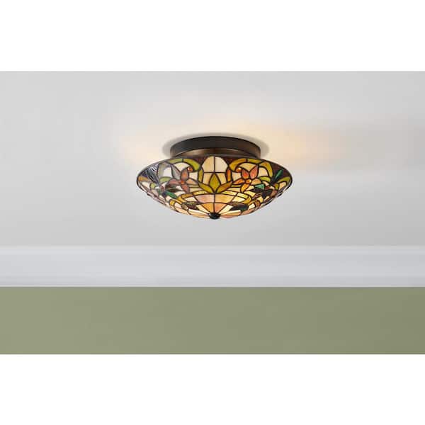 Scoresby 12 in. 2-Light Matte Black Tiffany Semi-Flush Mount