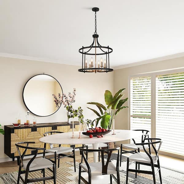 LEPETOS Modern Farmhouse 6-Light Matte Black Chandelier Drum Island Ceiling Light with Brass Candlestick Lamp Holders