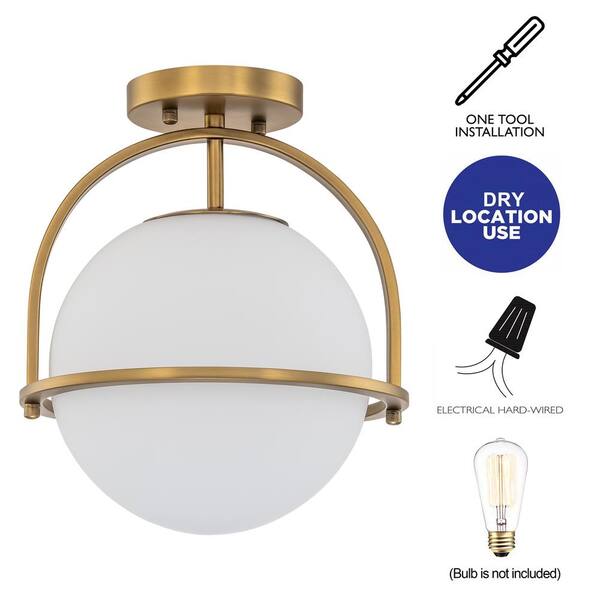 10.25 in. 1-Light Antique Brass Sphere Modern Semi Flush Mount with Opal Glass Shade and No Bulbs Included