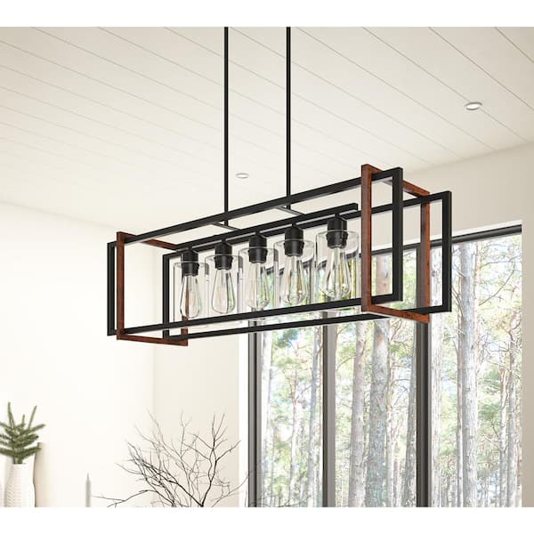 5-Light Black Kitchen Island Statement Square Chandelier Modern with Glass Shade Hanging Light Fixture