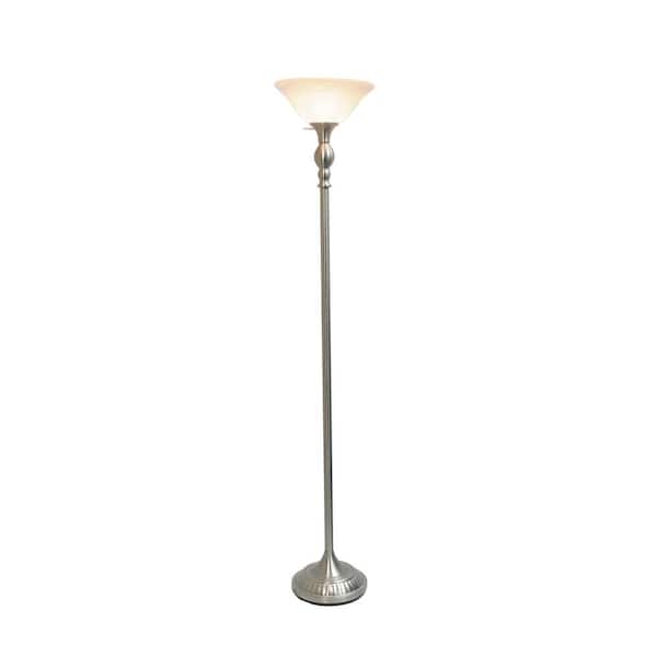 71 in. Brushed Nickel Classic 1-Light Torchiere Floor Lamp with White Marbleized Glass Shade