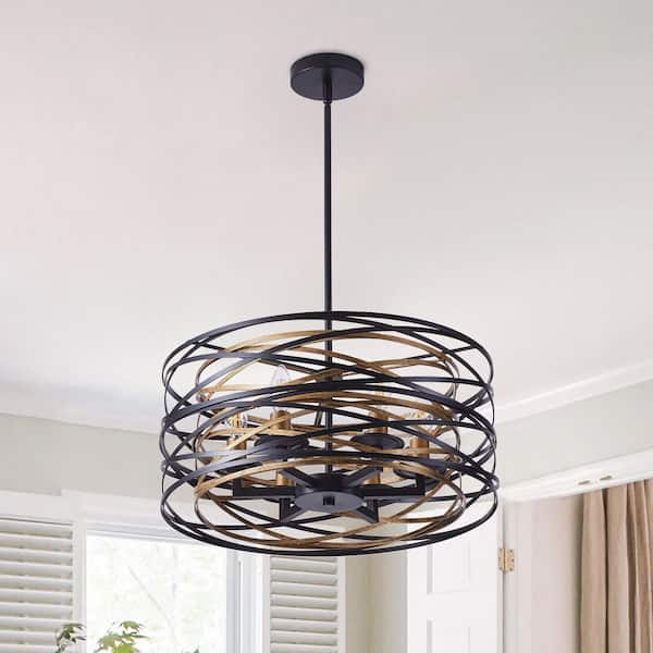 Industrial 6-Light Drum Black Cage Chandelier Farmhouse Metal Hanging Light Fixture