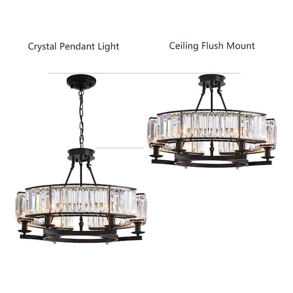 6-Light Black Modern Crystal Chandelier Drum Island Adjustable Hangding Semi Flush Mount Ceiling Light