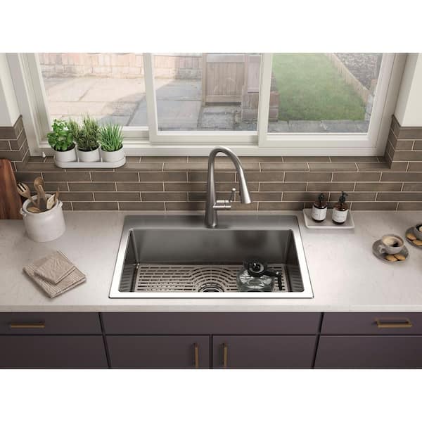 Cursiva All-in-One Stainless Steel 33 in. Single Bowl Drop-In or Undermount Kitchen Sink with Faucet