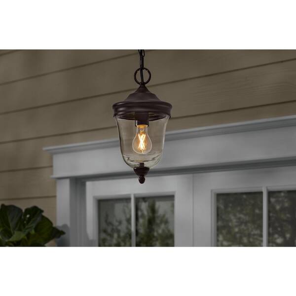 Russo 13.75 in. 1-Light Matte Bronze Hanging Dimmable Outdoor Pendant Light with Clear Glass and No Bulb Included