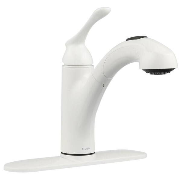 Banbury Single Handle Deck Mount Pull Out Sprayer Kitchen Faucet with Power Clean Deckplate Included in Matte White