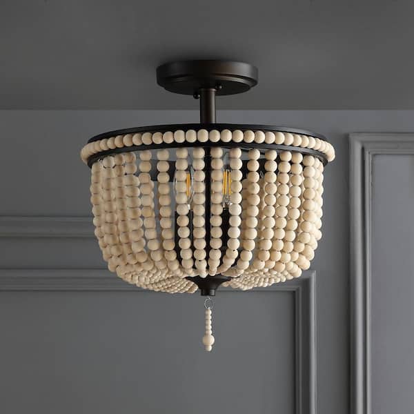 Allie 14 in. Wood Beaded/Metal LED Flush Mount, Black /-Light Taupe