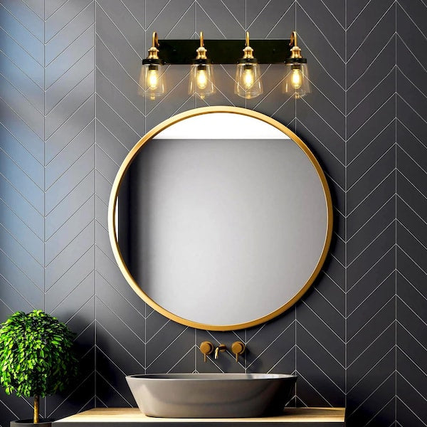 Modern Farmhouse Bathroom Wall Sconce, 4-Light Black and Brass Transitional Bell Vanity Light with Clear Glass Shades