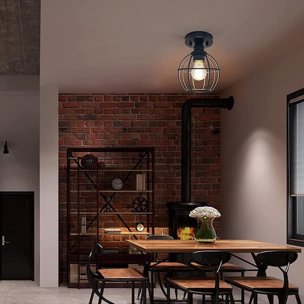 6.5 in. Oil Rubbed Bronze Semi Flush Mount with Metal Cage Ceiling Light Fixture 2 x A19 LED Bulb Included (2-Pack)