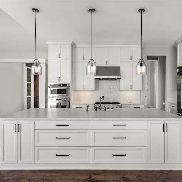 1-Light Matte Black Shaded Pendant Light with Clear Glass Shade