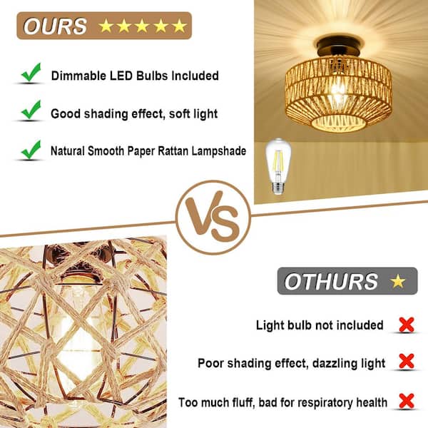 11.8 in. 1-Light Brown Rattan LED Semi-Flush Mount Light with Dimmable LED Bulb