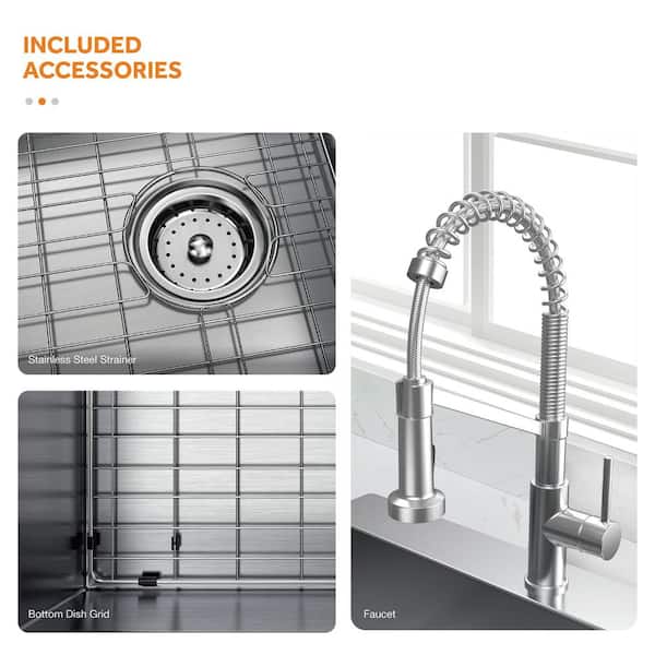 Professional 36 in. All in One Drop-In 16G Stainless Steel 2-Hole Single Bowl Kitchen Sink with Spring Neck Faucet