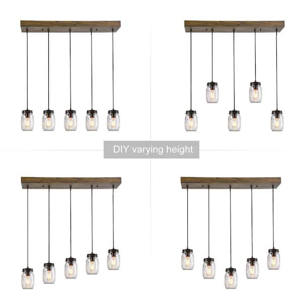 Modern Farmhouse Wood DIY Island Chandelier 5-Light Industrial Dark Brown Linear Pendant Light with Mason Jar Shade