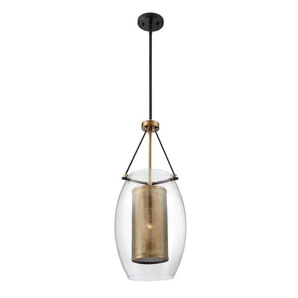 Dunbar 12 in. W x 28.5 in. H 1-Light Bronze with Warm Brass Accents Shaded Pendant Light with Clear Glass Shade