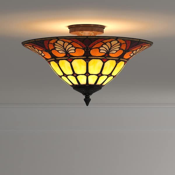 3-Light Antique Golden Sand Dylan Tiffany with Semi-Flush Mount Light