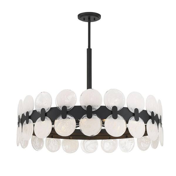 Boca 10-Light Matte Black Chandelier with Strie Piastra Glass Shade