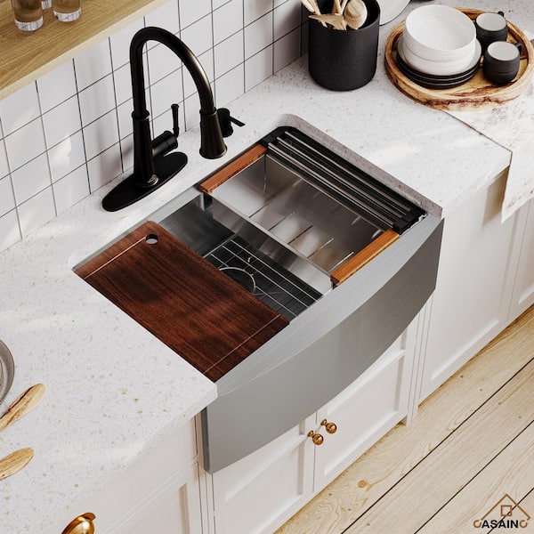Stainless Steel Sink 30 in. 16-Gauge Single Bowl Farmhouse Apron Workstation Kitchen Sink in Brushed with Accessories