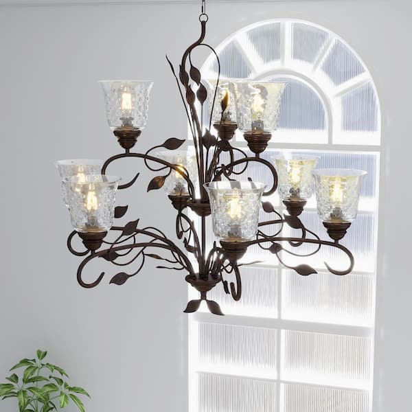 9-Light Oil Rubbed Bronze Traditional Candle Style Empire Chandelier with Clear Water Wave Glass Shade