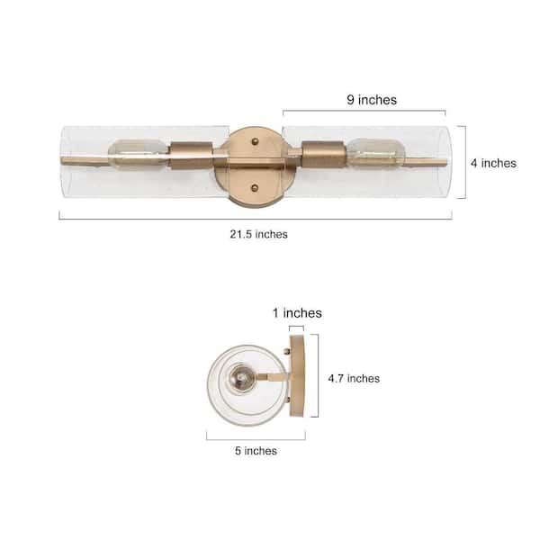 Mid-Century Cylinder Bathroom Vanity Light 2-Light Transitional Brass Gold Tube Wall Light with Seeded Glass Shades