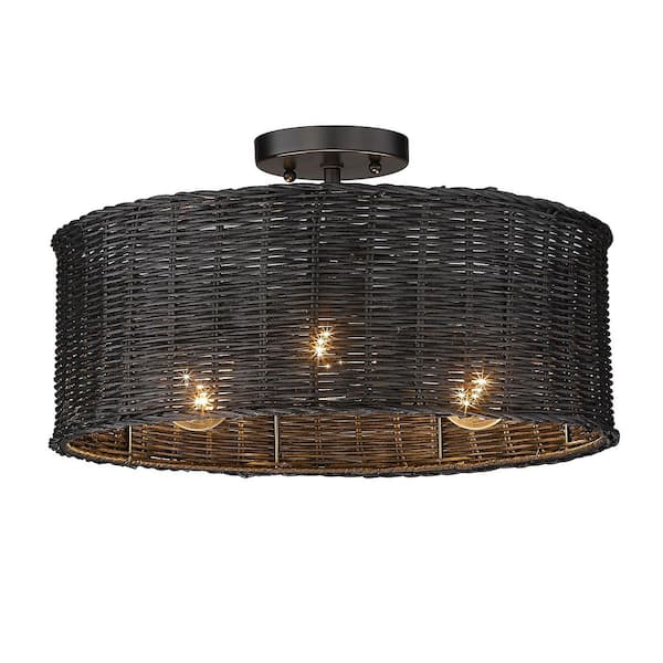 Erma 16.5 in. 3-Light Matte Black Semi-Flush Mount with Black Wicker Shade