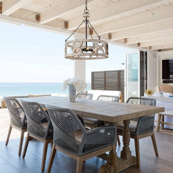 Farmhouse 3-Light Distressed White Wood Drum Chandelier Dining Room Pendant Lighting