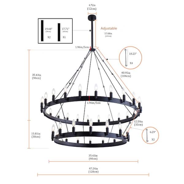 47.2 in. 40-Light Farmhouse Black 2-Tier Wagon Wheel Candle Chandelier Round Industrial Pendant Lighting