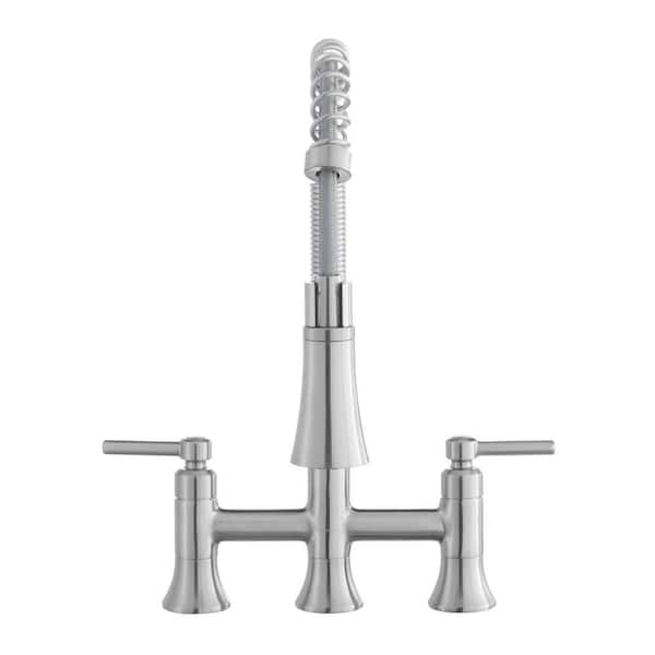 Pritchard Double-Handle Spring Neck Pull-Down Sprayer Bridge Kitchen Faucet in Stainless Steel