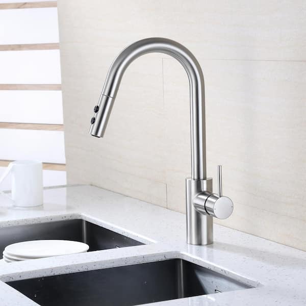 Single-Handle Pull-Down Sprayer Kitchen Faucet with 2-Function Sprayhead in Brushed Nickel