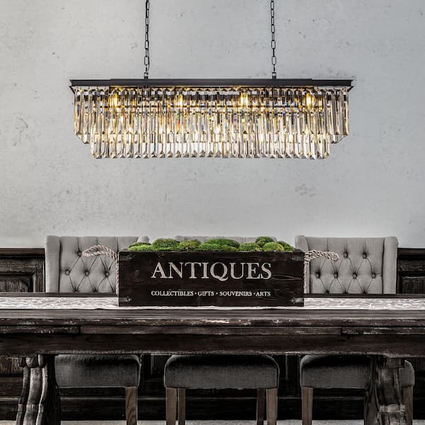 49.2in 12-Light Modern Crystal Matte Balck Linear Rectangular Chandelier with Crystal for Kitchen Island Dining Room