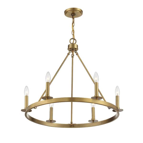 26 in. W x 22 in. H 6-Light Natural Brass Wagon Wheel Metal Chandelier with No Bulbs Included