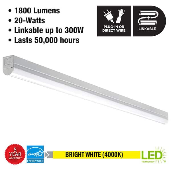 4 ft LED Garage Workshop Ceiling Strip Light Plug-In or Hardwire 1800 Lumens Power & Linking Cord 4000K Bright White