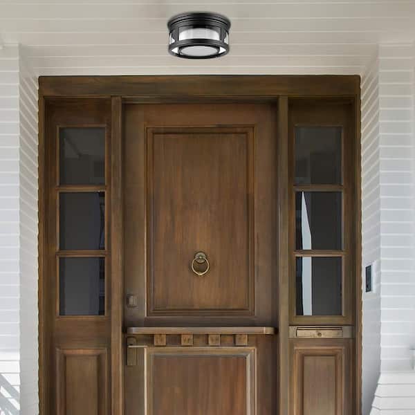 Brisbane 1-Light Matte Black Outdoor Indoor Flush Mount Ceiling Light with Frosted Glass Shade