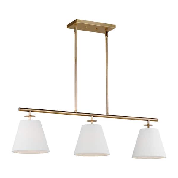 Crestgrove 3-Light Satin Brass Linear Chandelier with White Linen Shades