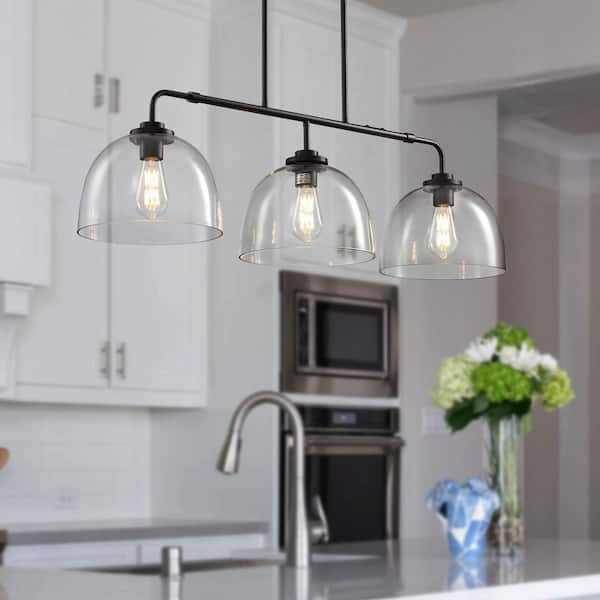 3-Light Black Shaded Pendant Light with Transparent Glass Shade, Moder Chandeliers for Dining Room