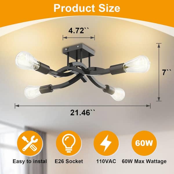21.46 in.  4-Light Farmhouse Industrial Modern Black Semi Flush Mount Ceiling Light Fixture Ceiling Lamp