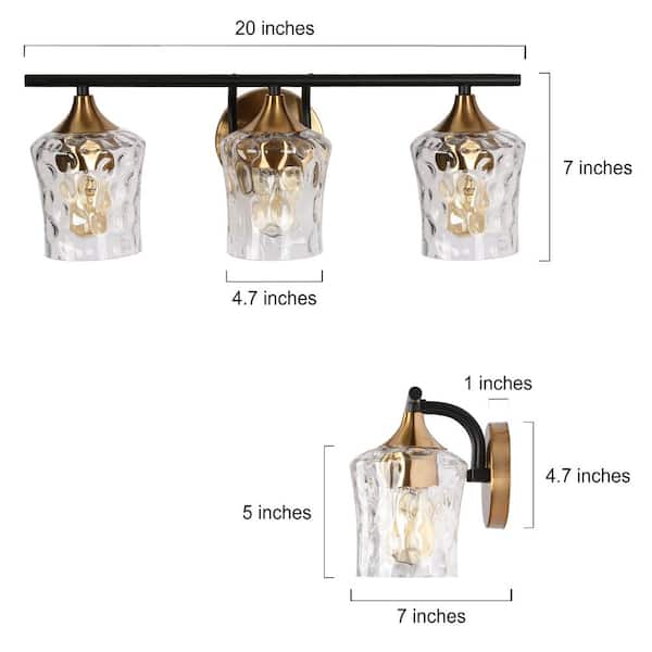 20 in. Modern 3-Light Black Wall Sconce Brass Gold Transitional Bath Lighting Water Glass Shade Bathroom Vanity Light