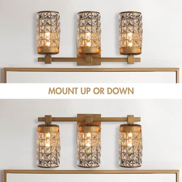 Modern Powder Room Bathroom Vanity Light, 20 in. 3-Light Gold Wall Sconce with Crystal Cylinder Shade